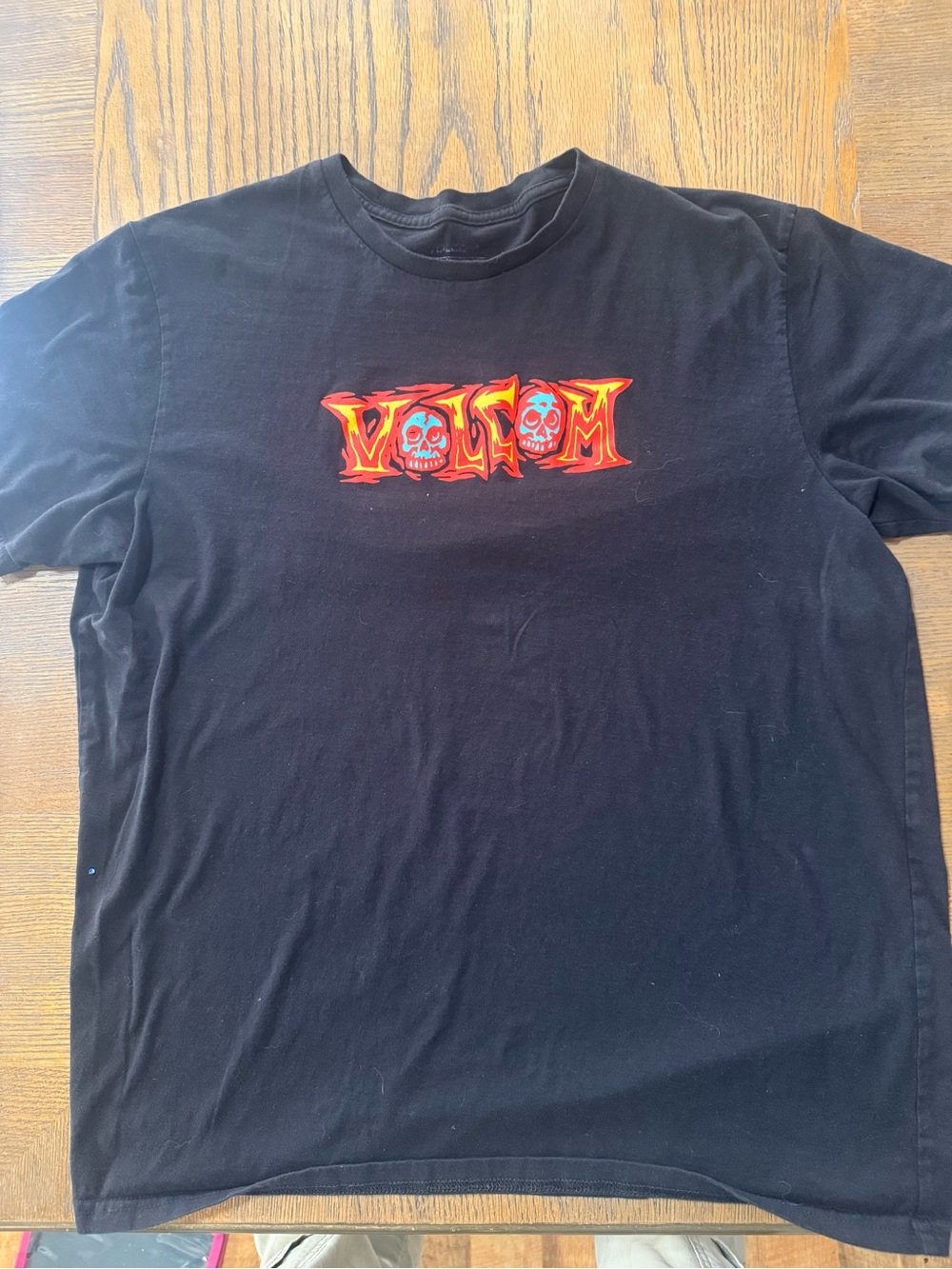 Volcom Black Short-Sleeve Tee with Red and Blue Skull Logo
